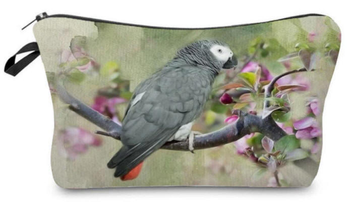 African Grey Zippered Cosmetic Bag
